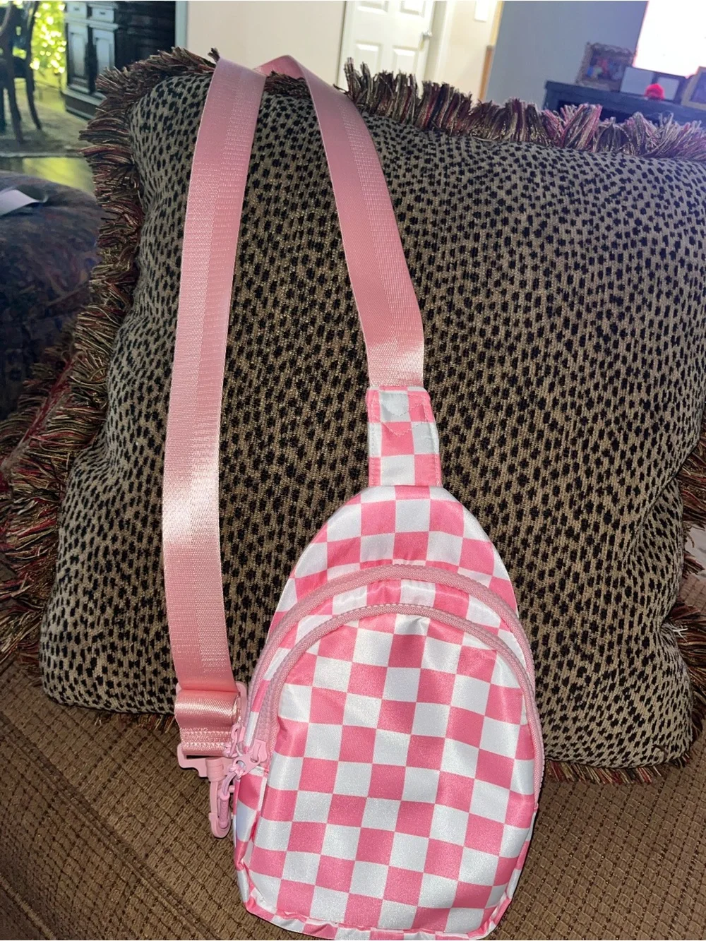Pink Checkered Sling Crossbody Bag